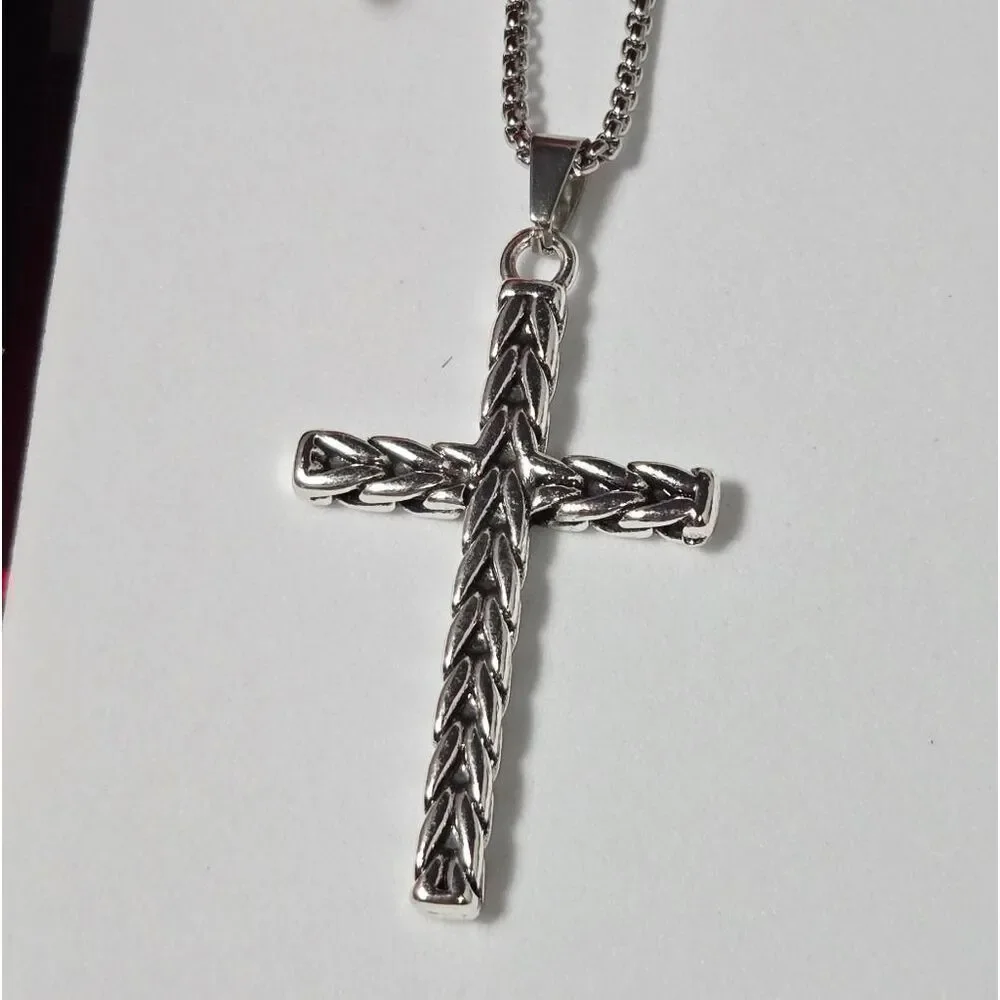 Silver Twisted Rope Cross Pendant Necklace Stainless Steel 23